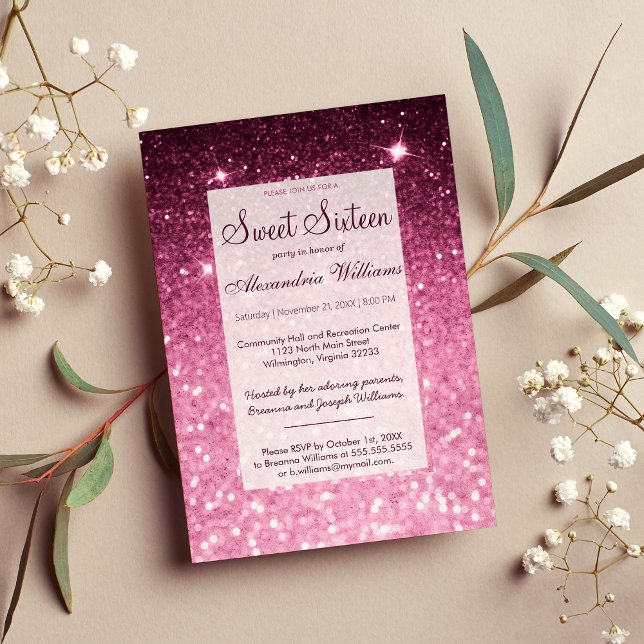 Invitation Galm girly rose bordeaux parties scintillant bokeh (Galm girly pink burgundy glitter bokeh Sweet 16 Invitation )