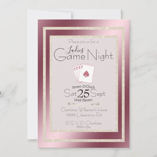 Invitation Game Night Parties scintillant Or Rose Aces (Devant)
