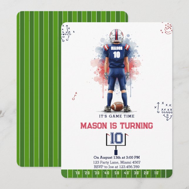 Invitation Game Time Watercolor Football Boy Birthday (Devant / Derrière)