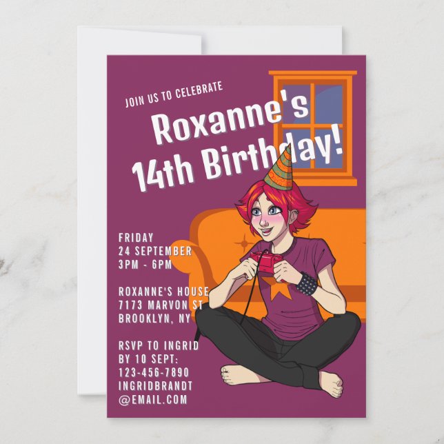 Invitation Gamer Anime violet Ado fille 14e anniversaire (Devant)