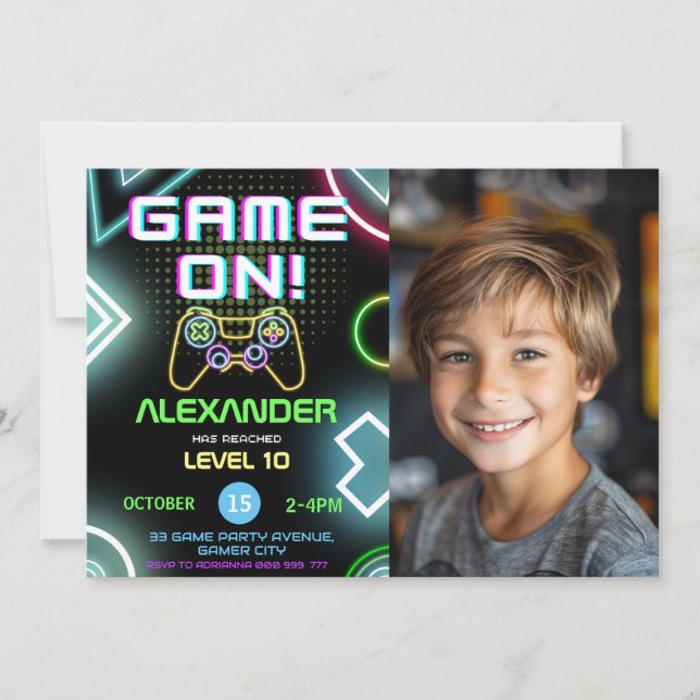 Invitation Gamer Boy 10th Neon Gaming Birthday Photo (Devant)