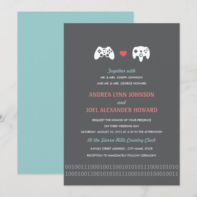Invitation Gamer Controller Love Wedding Invite - Red & Grey (Devant / Derrière)