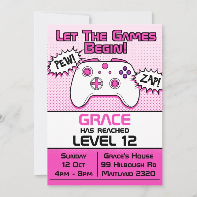 Invitation Gamer Girl Pink White Contrôleur 12e anniversaire (Devant)