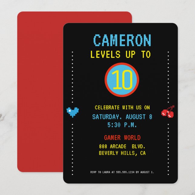 Invitation Gamer Pixel Arcade niveau jusqu'à 10e anniversaire (Devant / Derrière)