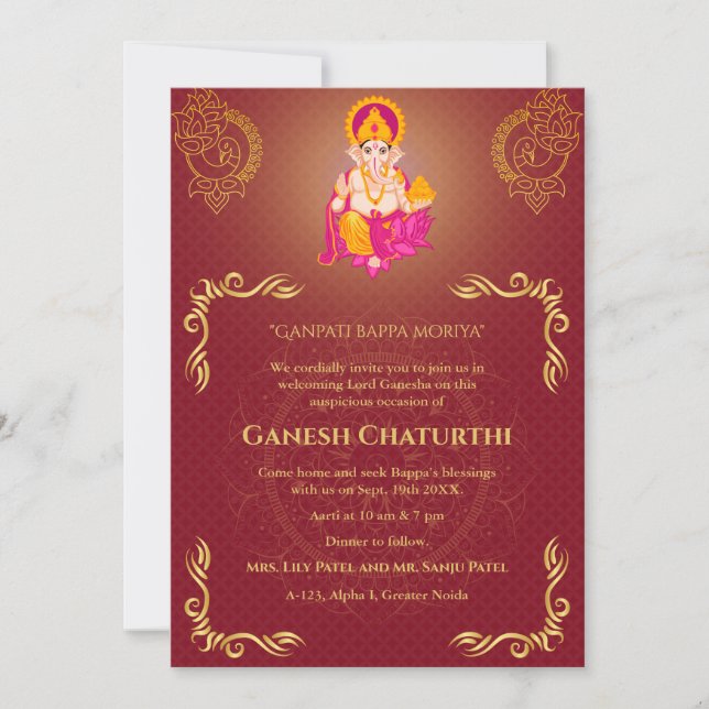 Invitation Ganesh Chaturthi Puja Roya Eléments dorés (Devant)