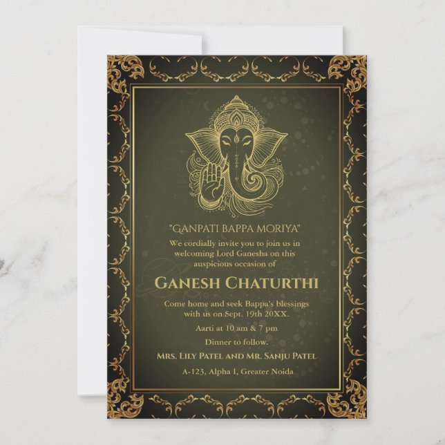 Invitation Ganesh Chaturthi Puja Roya Eléments dorés (Devant)