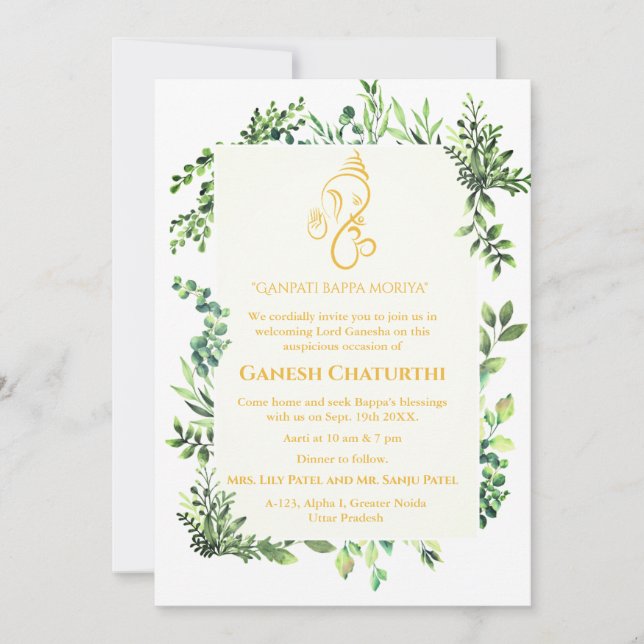 Invitation Ganesh Chaturthi Puja Tropical Feuilleté Minimal (Devant)