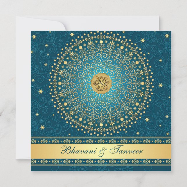 Invitation Ganesh indou Teal, or met en rouleau l'invitation (Devant)
