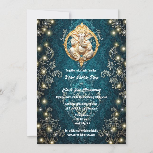 Invitation Ganesha éléphant bleu or Hindi mariage hindou (Devant)