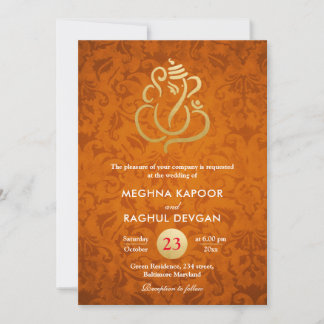 Invitation Ganesha/Faux Gold Foil Orange Damas
