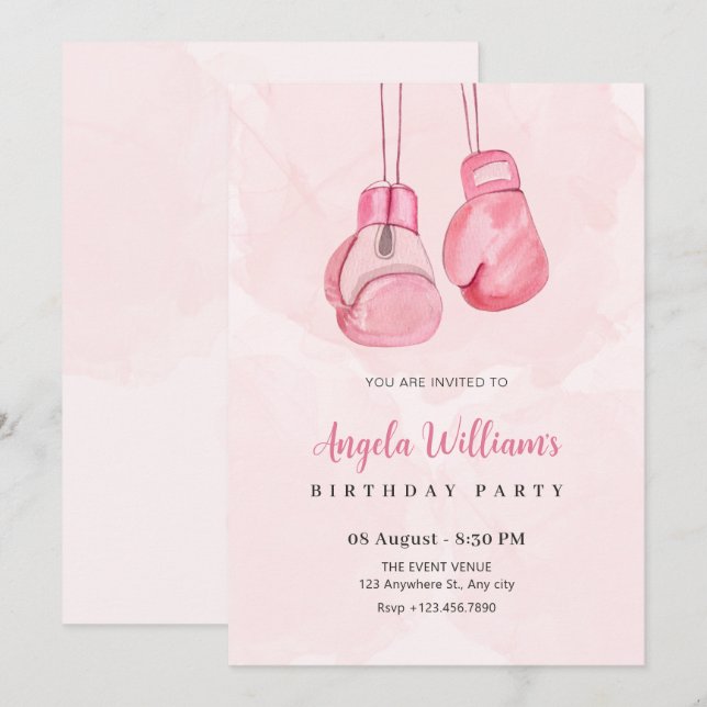 Invitation Gants de boxe rose anniversaire (Devant / Derrière)