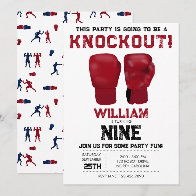 Invitation Gants de boxe rouge Anniversaire de enfant Party K (Devant / Derrière)