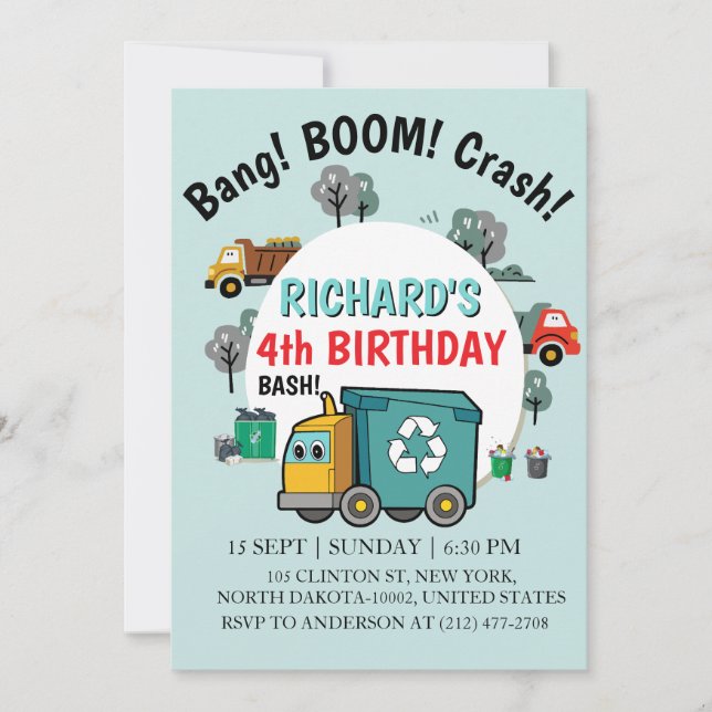 Invitation Garbage Truck Themed Kids Trash Party Birthday (Devant)