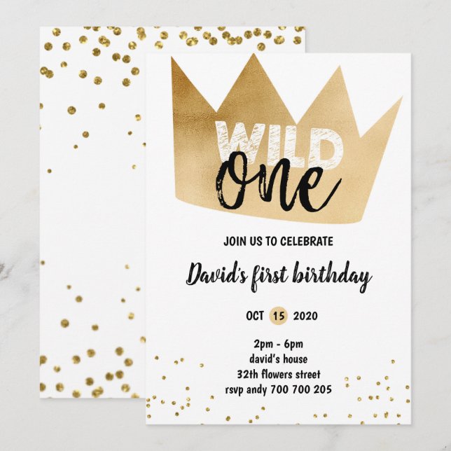 Invitation Garçon 1er anniversaire WILD ONE Gold Foil Crown C (Devant / Derrière)