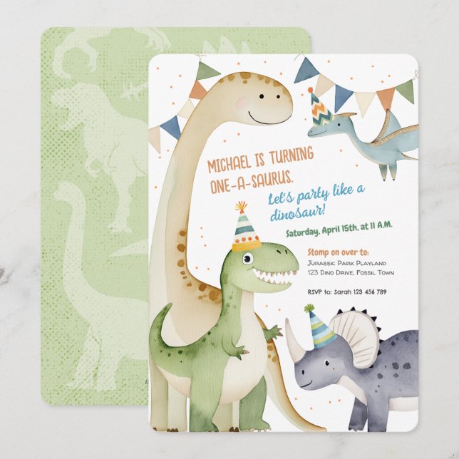 Invitation Garçon 1ère Dinomite Party mignonne One-A-Saurus (Devant / Derrière)