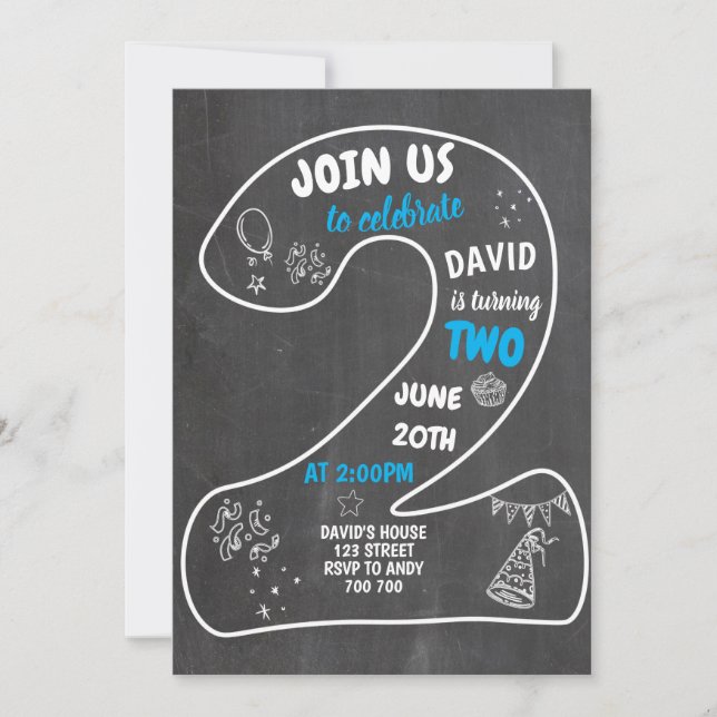 Invitation Garçon 2e anniversaire Chalkboard Numéro Bleu (Devant)