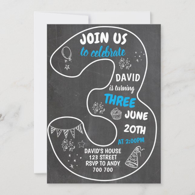 Invitation Garçon 3e anniversaire Chalkboard Numéro Bleu (Devant)