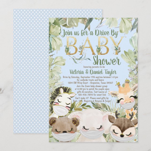 Invitation Garçon Animaux Couverts Avec Masques Baby shower D (Devant / Derrière)