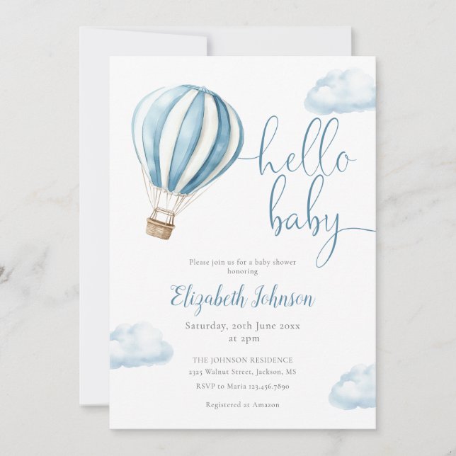 Invitation Garçon au ballon bleu Code QR Photo Baby Shower (Devant)