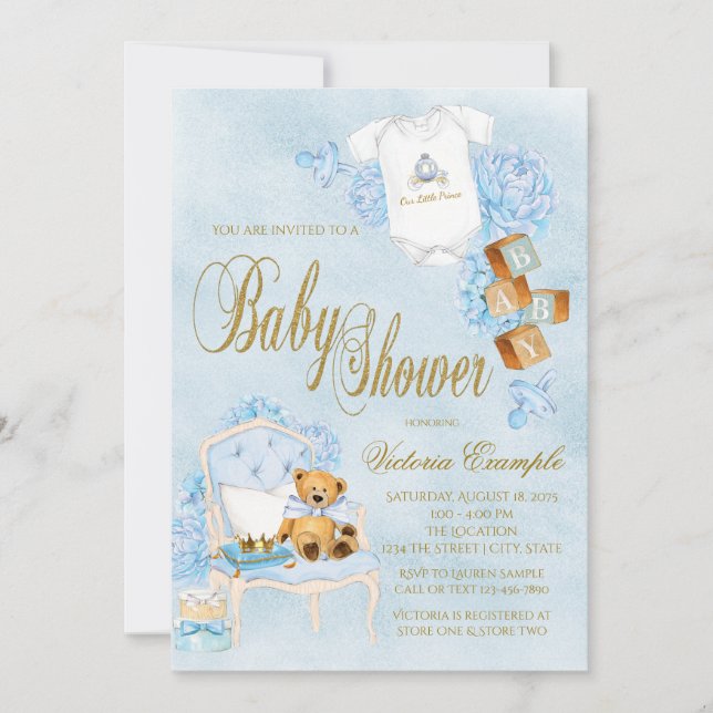 Invitation Garçon Baby shower aquarelle bleu or bébé (Devant)