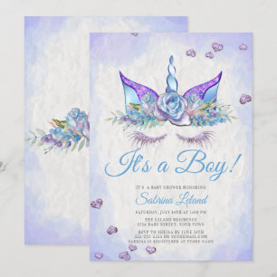 Invitation Garçon Baby shower Bleu Imaginaire Dormir Unicorn