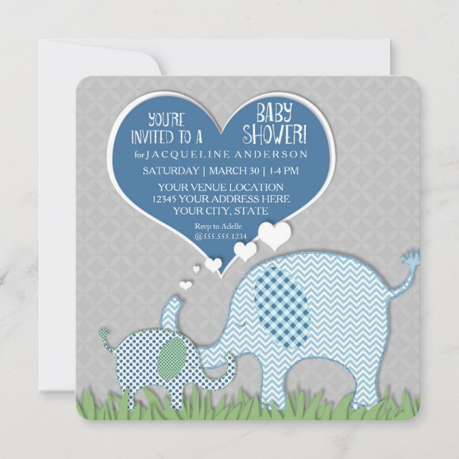 Invitation Garçon Baby shower Heart Elephants Retro Moderne (Devant)