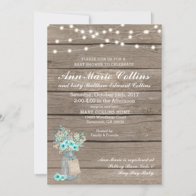 Invitation Garçon Baby shower Rustique Babys Respiration Stri (Devant)
