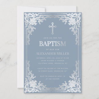 Invitation Garçon Baptême Bleu Poussiéreux Élégant Faux Argen