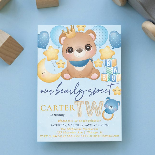 Invitation Garçon Bear Blue Deuxième Anniversaire (Créateur téléchargé)