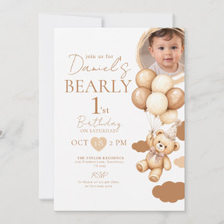 Invitation Garçon Beary premier anniversaire Photo Ours Arc B