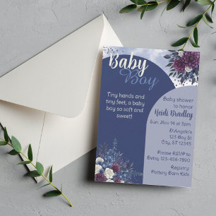 Invitation Garçon, Bébé, Bleus Profonds/Purpurines Floral Bab