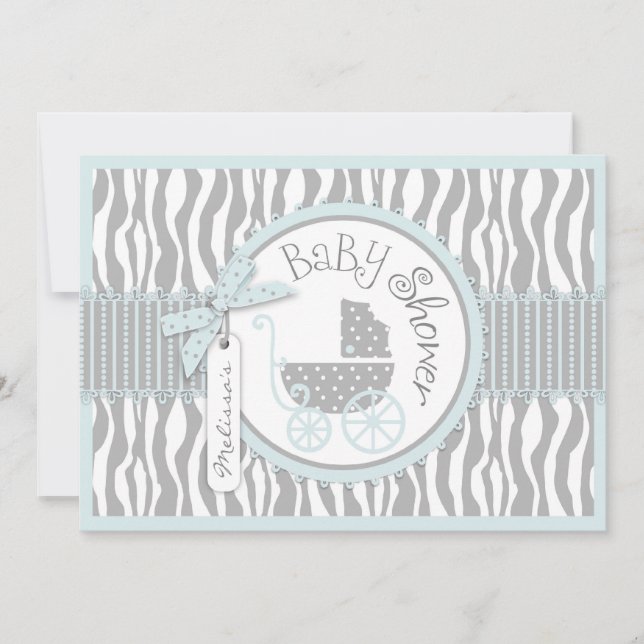 Invitation GARÇON Bébé Carriage, Zebra Print & Blue Baby show (Devant)