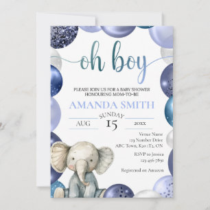 Invitation Garçon Bleu Balloon Cute Elephant Baby shower Invi