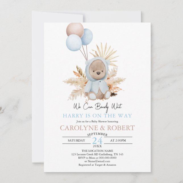 Invitation Garçon Bleu Boho Teddy Bear Bearly Wait Baby Showe (Devant)
