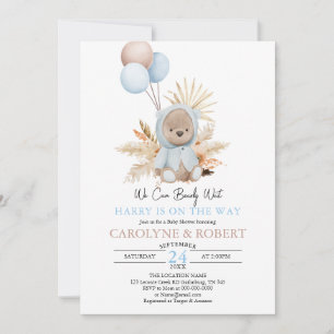 Invitation Garçon Bleu Boho Teddy Bear Bearly Wait Baby Showe