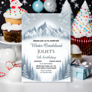 Invitation garçon bleu fille neige hiver Onederland 13e anniv