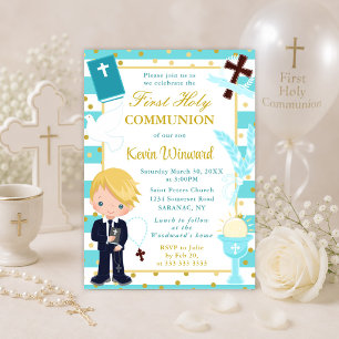 Invitation Garçon Blond aux Rayures Bleues Première Communion