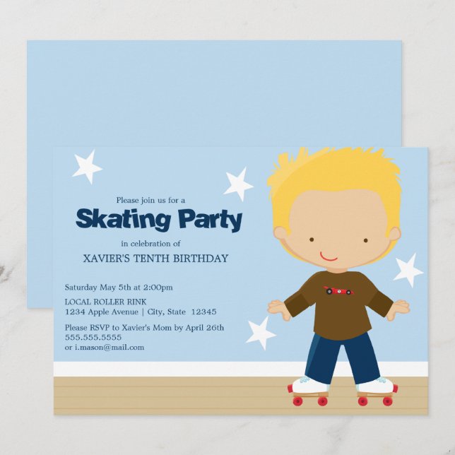 Invitation Garçon blond de patinage de la partie | (Devant / Derrière)