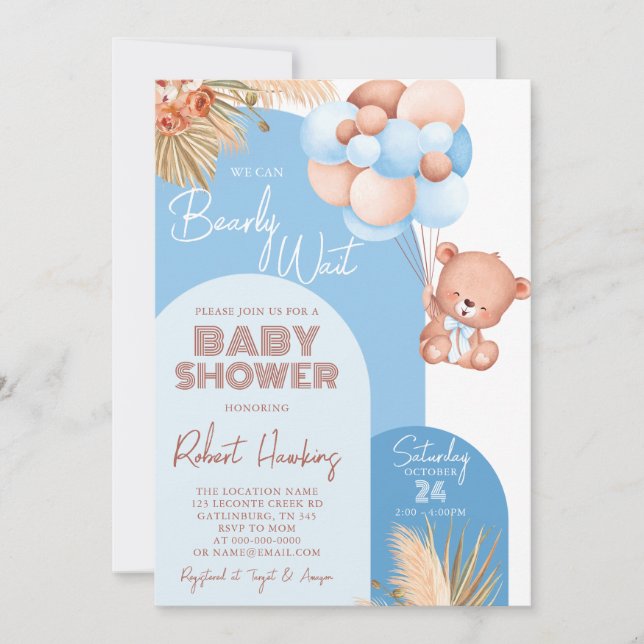 Invitation Garçon Boho Arche Teddy Bear Bearly Wait Baby Show (Devant)
