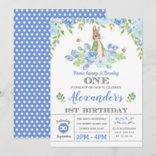 Invitation Garçon Bunny 1er anniversaire Fête Jardin Bleu Flo