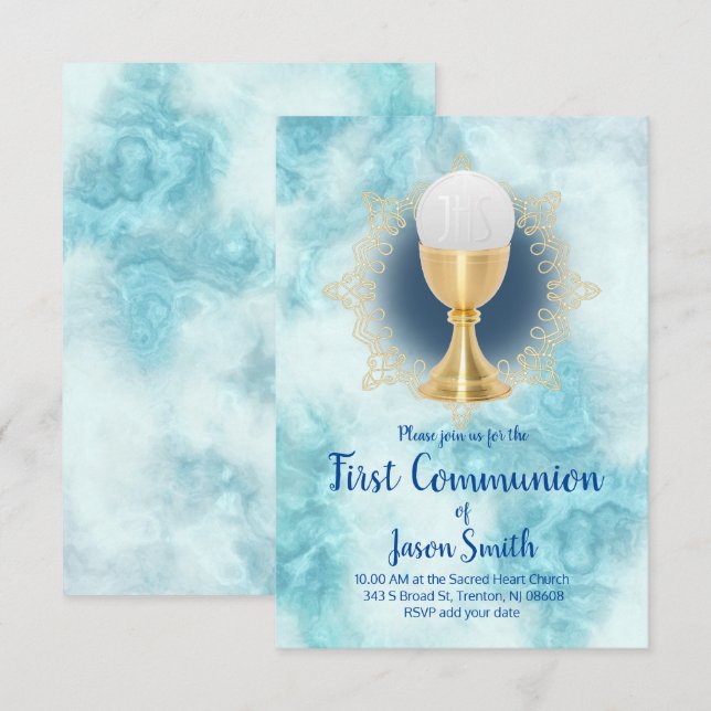 Invitation garçon catholique Première communion marbre bleu (Devant / Derrière)
