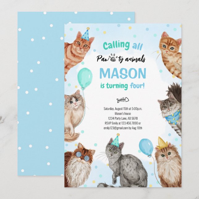 Invitation Garçon Chat Pawty Animaux Anniversaire (Devant / Derrière)