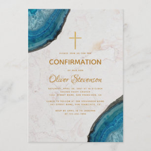 Invitation Garçon Confirmation Bleu Géode Agate Croix Or