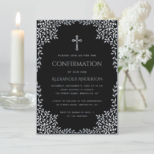 Invitation Garçon Confirmation Noir Gris Feuilles Vintage Élé