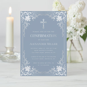 Invitation Garçon Confirmation Poussiéreux Bleu Faux Argent R