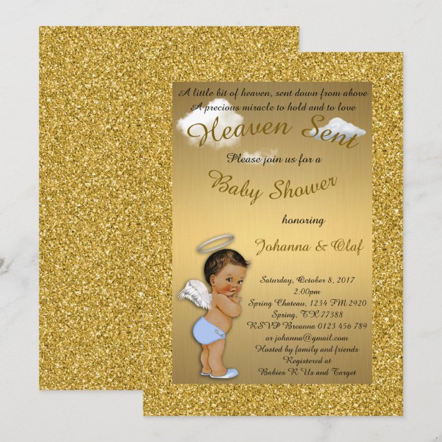 Invitation Garçon de baby shower, ange de bébé, parties (Devant / Derrière)
