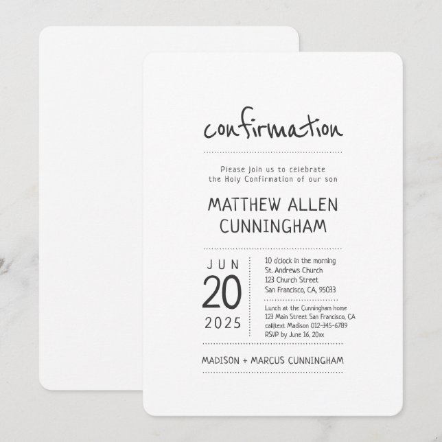 Invitation Garçon de confirmation| Moderne + Simple (Devant / Derrière)