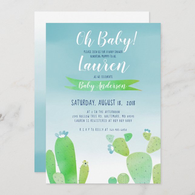 Invitation Garçon de couleur d'eau de baby shower de cactus - (Devant / Derrière)