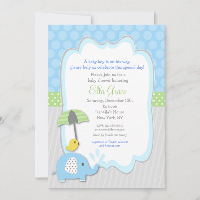 Invitation Garçon d'invitations de baby shower d'éléphant (Devant)