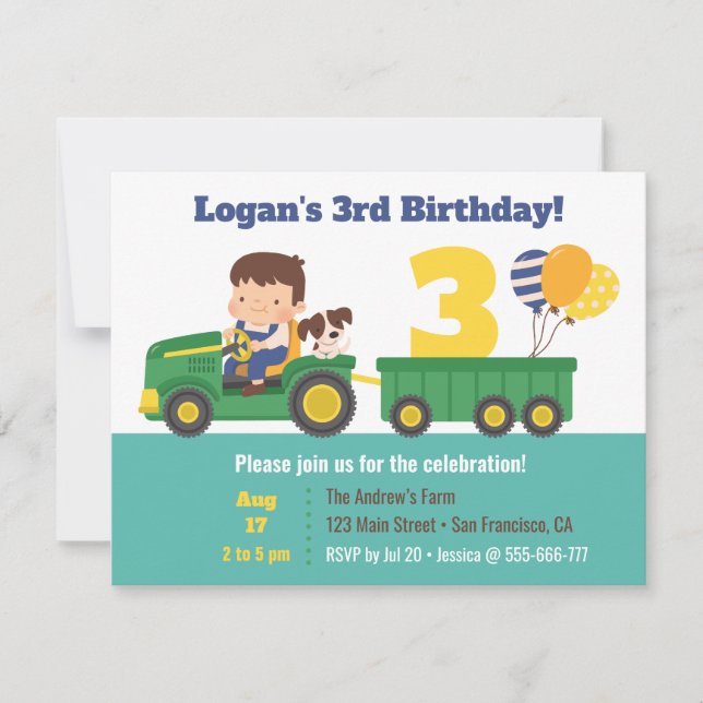 Invitation Garçon et chien sur tracteur avec ballons Annivers (Devant)